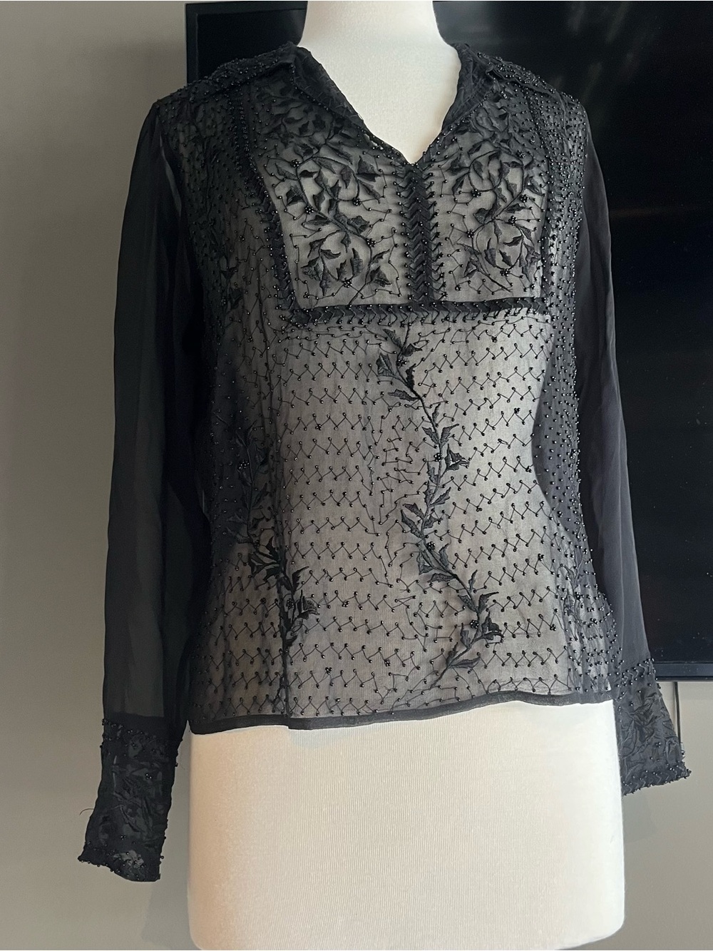 ECI Chiffon Sheer Black Beaded Long-Sleeve Women's Top